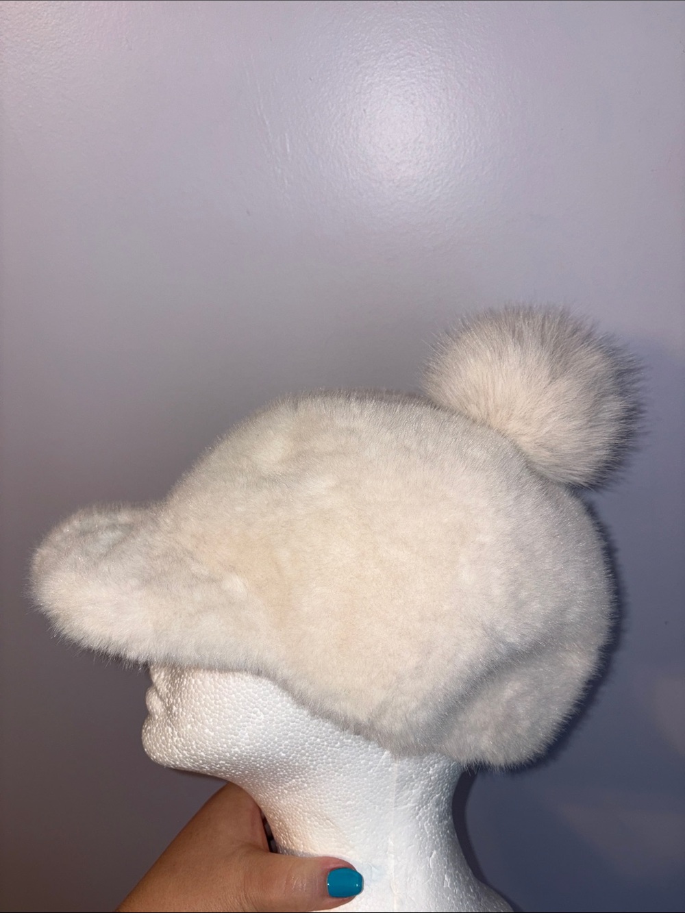 Faux Fur White Cream Cap Hat Quilted Interior Poof On Top OS